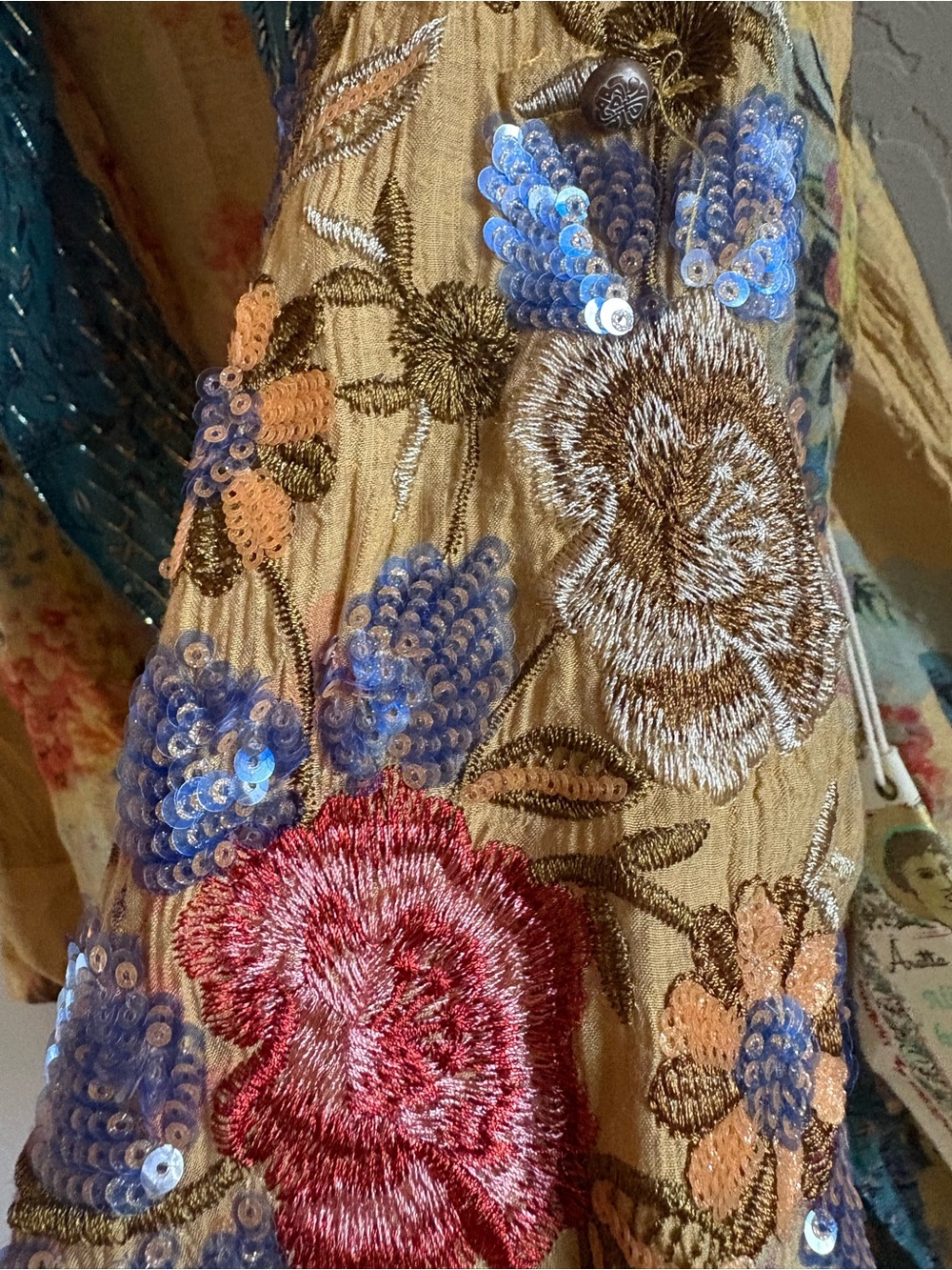 NWT Aratta Bohemian Floral Open-Front Jacket with Teal Trim - Picture 3 of 7